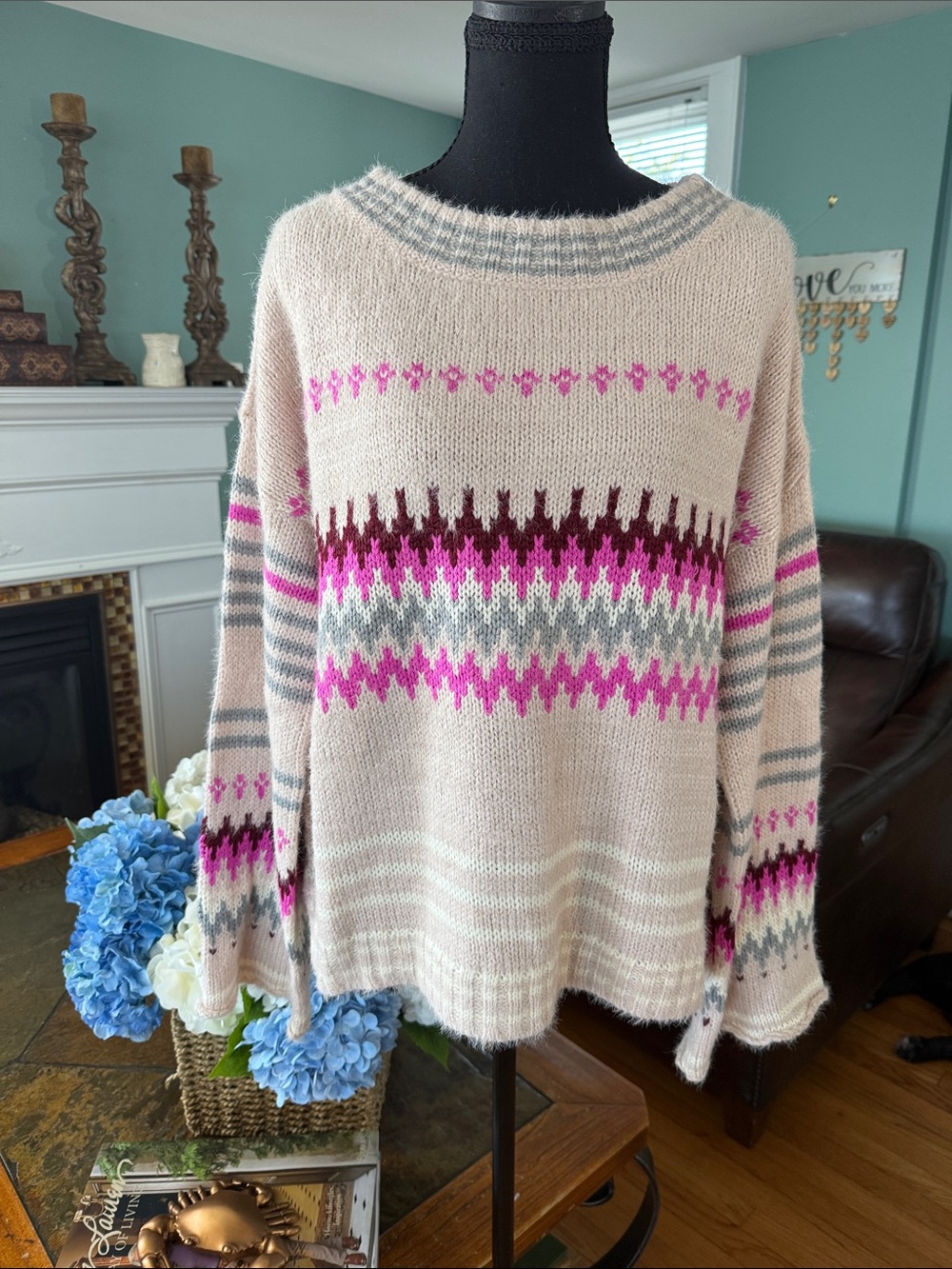 Solutions Francesca’s Sweater with Pink & Gray Fair Isle Pattern Cozy WoolBlend